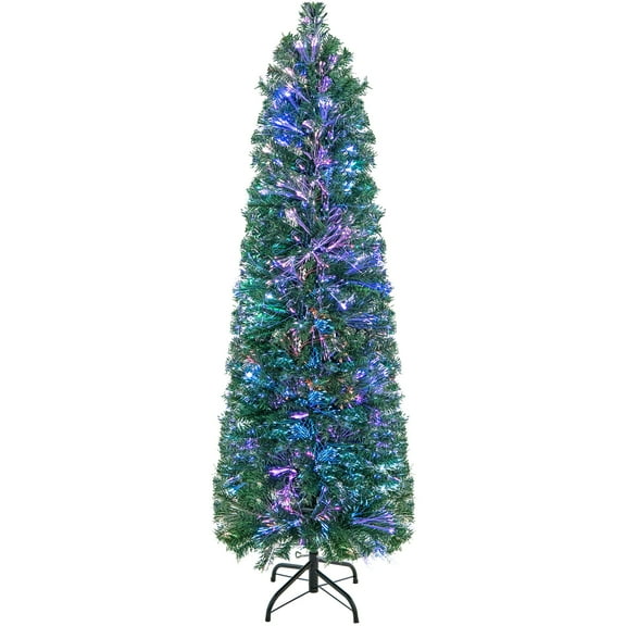 5 FT Pre-Lit Christmas Pencil Tree with Colorful Fiber Optics Green