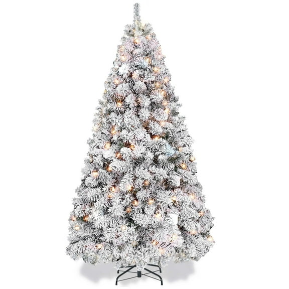 MoonSun 5 FT Pre-Lit Christmas Tree Snow Flocked Full Prelighted Artificial Xmas Tree Hinged Pine Tree w/ Metal Stand,8 Lighting Modes