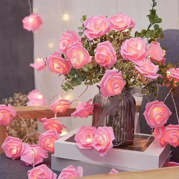 5 FT Rose Flower LED String Lights, 10 LED Battery Powered with Silk Roses, Romantic Garland for Valentine's Day, Bedroom, Party Decor(2PC)