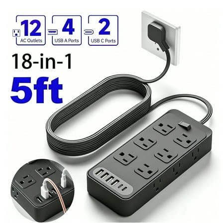 ZHENYEMEI Power Strip, Power Strip Extension Cord Surge Protector, Multi Plug Outlet Extender, 12 Outlets and 2 USB-C & 2 USB-A Ports(5V 3.6A) for Home Office (Black)