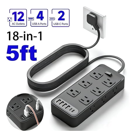 ZHENYEMEI Power Strip, Power Strip Extension Cord Surge Protector, Multi Plug Outlet Extender, 12 Outlets and 2 USB-C & 2 USB-A Ports(5V 3.6A) for Home Office (Black)