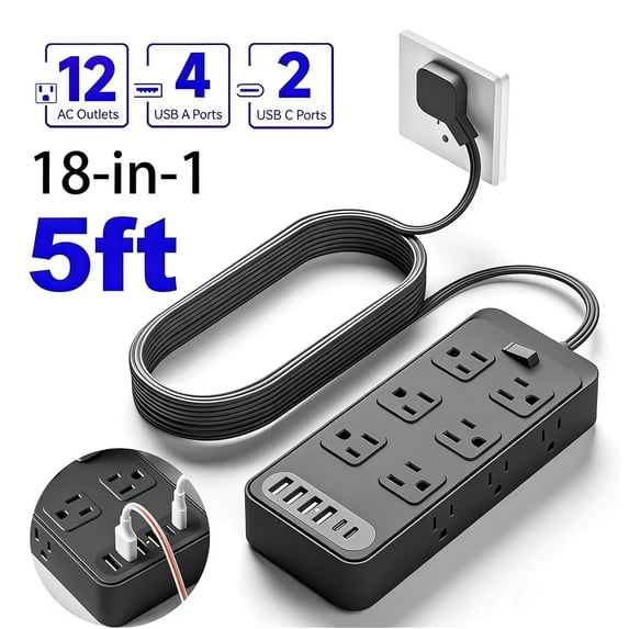 ZHENYEMEI Power Strip, Power Strip Extension Cord Surge Protector, Multi Plug Outlet Extender, 12 Outlets and 2 USB-C & 2 USB-A Ports(5V 3.6A) for Home Office (Black)