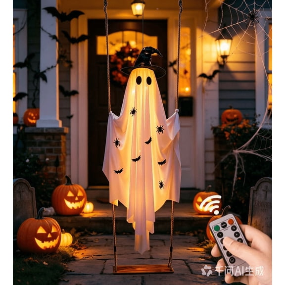 5 FT Swing Ghost Halloween Decorations Outdoor,Hanging Swing Ghost with Remote Control String Lights & Witch Hat,Upgraded Sheet,Scary Ghost Halloween Party Decor,Tree Porch Yard Garden A