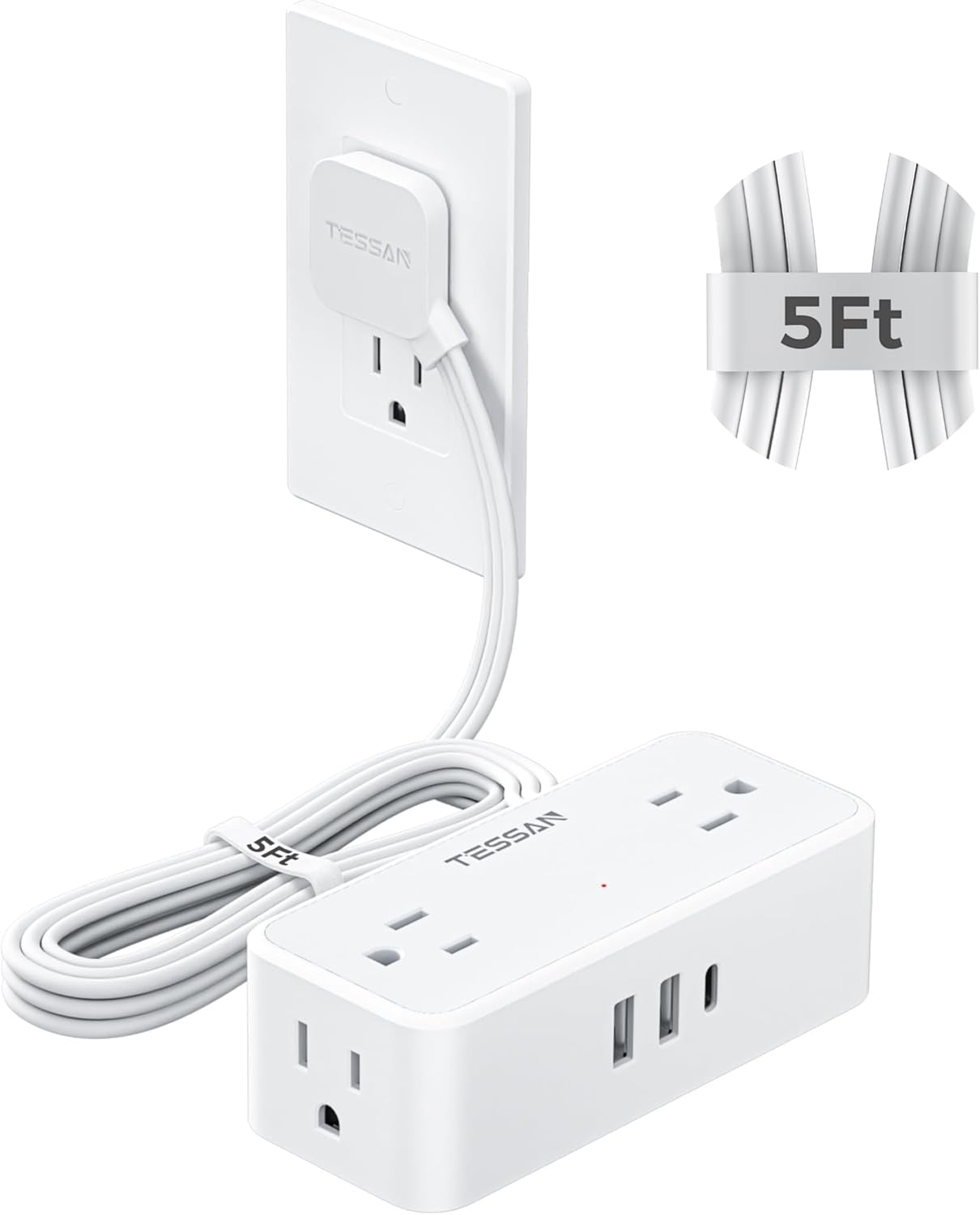 5 FT White Extension Cord, 900J Surge Protector Small Power Strip with 3 USB Ports (1 USB C), Flat Plug Power Strip, Mini Charging Station Suitable for Home Office Dorm