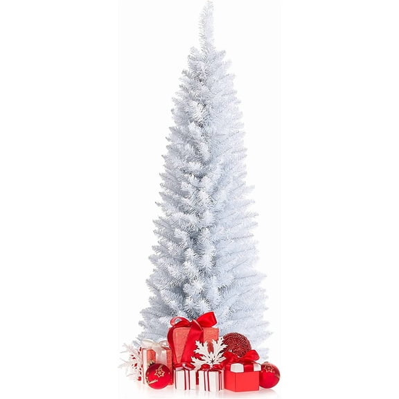 5 FT White Pencil Christmas Tree Life-Like Slim Xmas Tree Artificial Pencil Christmas Tree with Folding Metal Stand & PVC Material, Realistic Unlit Skinny Pine Tree
