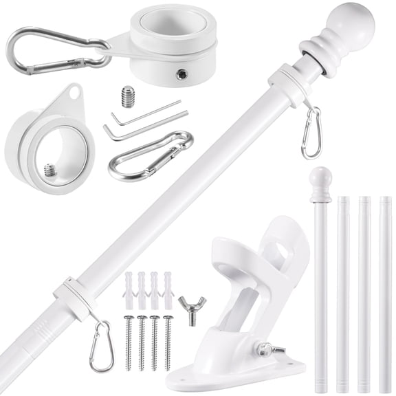 5 FT - With Bracket White Stainless Steel Wall Mount Flagpole Kit for 2x3' 3x5' Flags