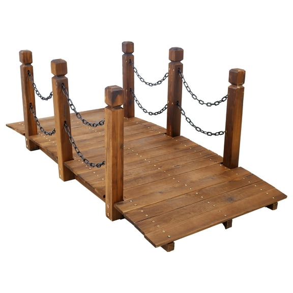 5 FT Wooden Garden Bridge - Stained Arc Footbridge w/ Chain Railings - Backyard Creek Farm Decorative Pond Bridge - Easy Assembly (Brown)