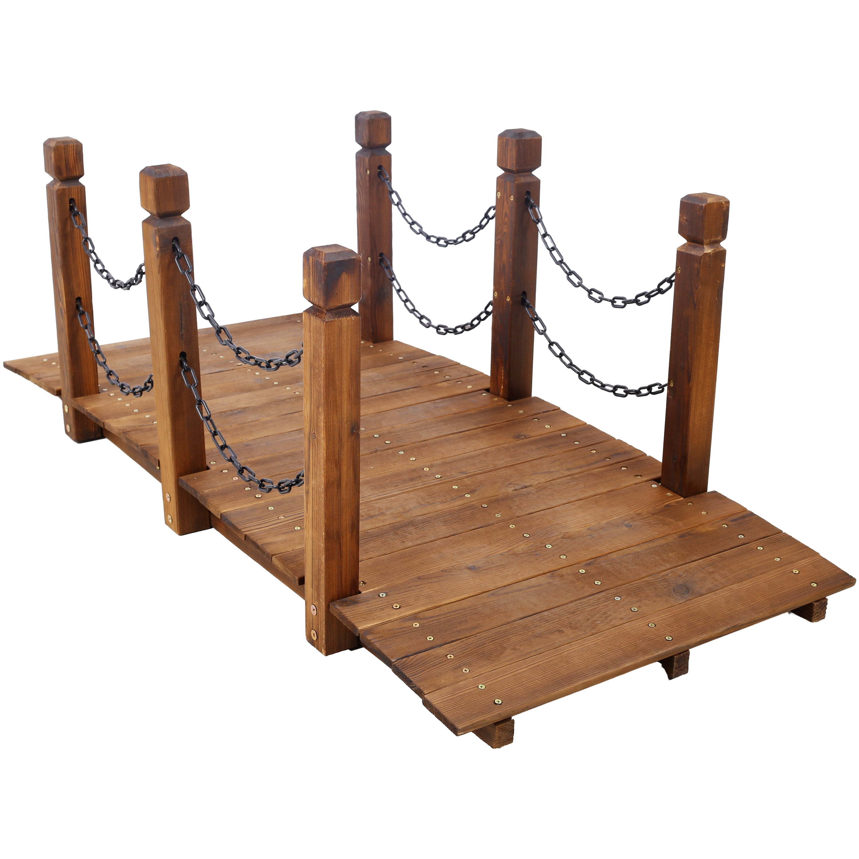 , 5 FT Wooden Garden Bridge, Stained Wood Arc Footbridge with Chain Railings for Backyard Creek Farm, Decorative Pond Bridge, Easy to Assemble (Brown), Brown ,Wood ,