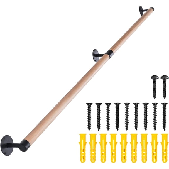 5 FT Wooden Stairs Handrails Wall Mount- Metal Support Wood Staircase Handrails, Interior Stair Railings, Banister Hand Railing, Outdoor Grab Bars Safety Handle for Elderly
