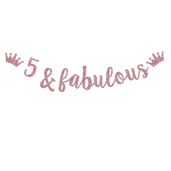 5 & Fabulous Banner, Rose Gold Gliter Little Girls/Boys Kids' 5th Birthday Party/The 5th Wedding Anniversary/Cheer to 5 Years Party Paper Sign Decorations (Pre-Strung)