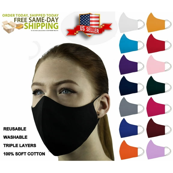 5 Face Masks 3 Layers 100% Cotton Washable Reusable w/Filter Pocket 15 Solid colors Unisex