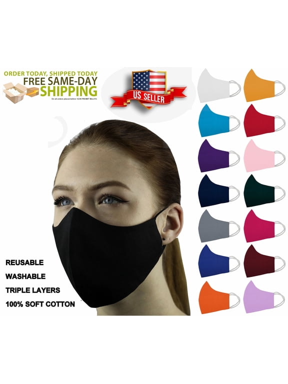 5 Face Masks 3 Layers 100% Cotton Washable Reusable w/Filter Pocket 15 Solid colors Unisex