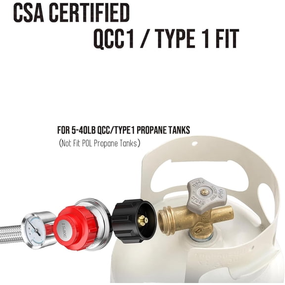 5 Feet 0-30 PSI Adjustable High Pressure Propane Regulator with Gauge, QCC1 to 3/8" Female Flare with 3/8 Flare x 1/8 MNPT Fitting, for LP Gas Grill, Cooker, Burner, Turkey Fryer, Smoker, Fire Pit