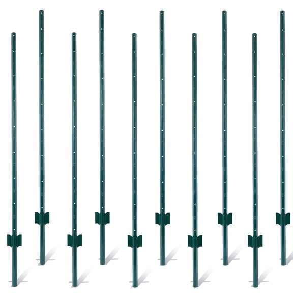 5 Feet Heavy Duty Steel U-Channel Fence Posts 10 Pack, 1.1 Inch Powder Coated Metal U Fence Posts with Anchor Plate, Garden Wire Fence Corner Anchor Posts for Yard Farm Outdoor Use
