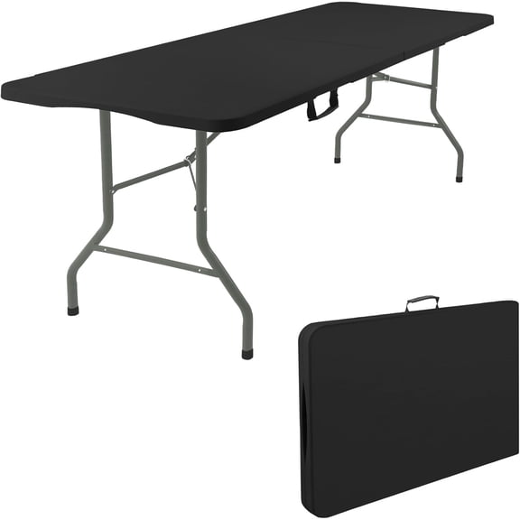 5 Feet Portable Folding Table Black, Steel Legs Fold-in-Half with Carrying Handle Rectangular Plastic Foldable Table for Party, Wedding, Camping, Picnic, Dining, Indoor Outdoor Events