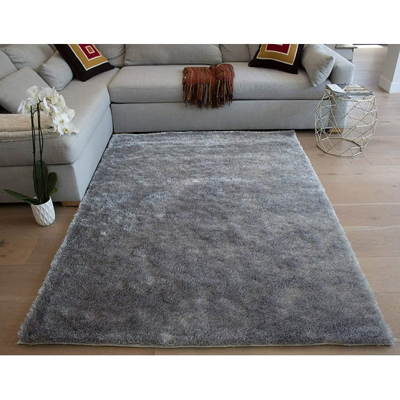 5-Feet-by-7-Feet Silver Light Gray Light Grey New Area Rug Carpet Fluffy Fuzzy Shimmer Modern Bedroom Living Room Carpet Sale Contemporary Decorative Designer Plush Hand Woven
