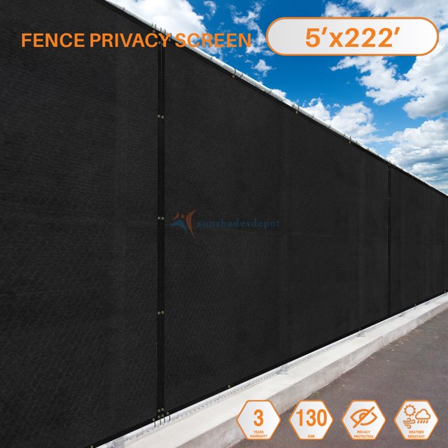 5' Feet x 222' Feet Solid Black Commercial Privacy Fence Screen Custom Available 3 Years Warranty 130 GSM 88% Blockage