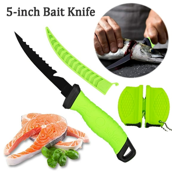 5" Fishing Knife Sharp Fillet Knife High Carbon Steel Coated Blade Petrified Fish Knife with Sheath and Sharpener for Filleting Slicing Cutting