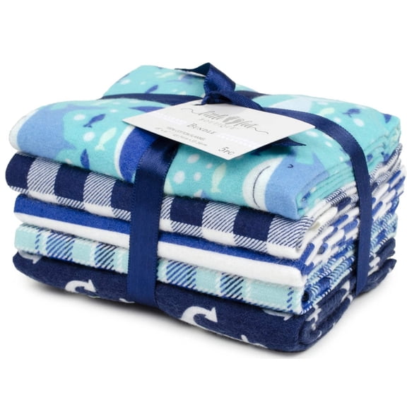 5 Flannel Fat Quarters Sea Life Blue White 18" x 21" Precut Baby