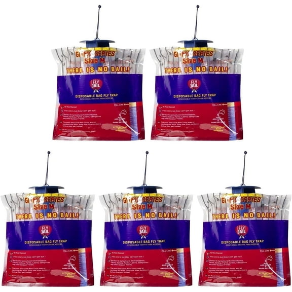 FLY JAIL Medium Bag Disposable Outdoor Fly Trap, Baited Fly Catcher Bags for Ranch & Patio(5 pack)