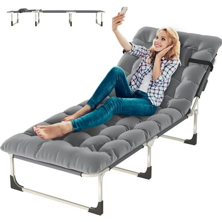 5-Fold Adjustable Wide Camping Cot for Adults, 28.7in Portable Indoor/Outdoor Reclining Bed with Pillow & Pearl Cotton Pad, Foldable Lounge Chair for Sleeping, Camping, and Relaxation