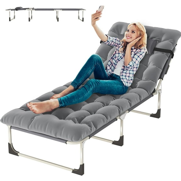 5-Fold Adjustable Wide Camping Cot for Adults, 28.7in Portable Indoor/Outdoor Reclining Bed with Pillow & Pearl Cotton Pad, Foldable Lounge Chair for Sleeping, Camping, and Relaxation