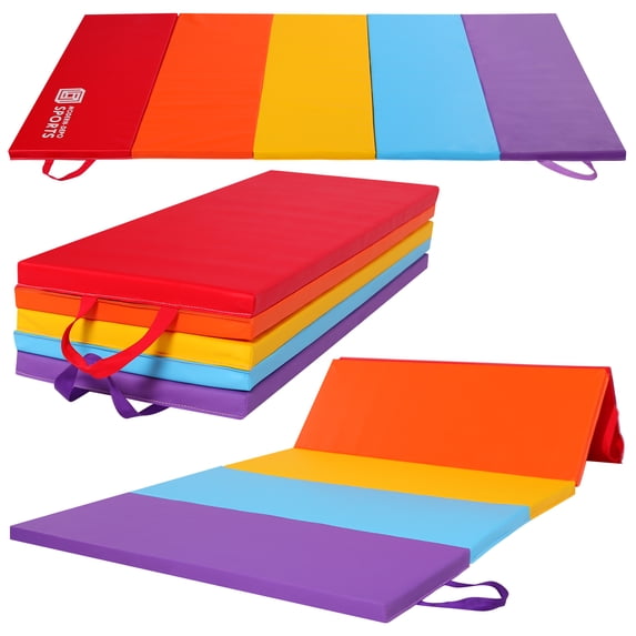 5-Folding Exercise Mat for Kids, 6'x3'x1” Foldable Gymnastics Mat, Home Gym Tumbling Mat with Carrying Handles, EPE Foam, 5 Panel, Waterproof, Versatile Use for Fitness Aerobics Stretching, Rainbow
