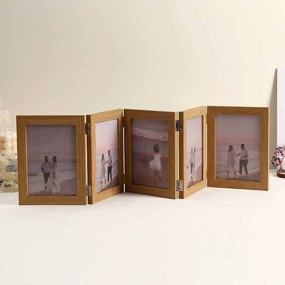 5 Folding Hinged Picture Frame 5x7 Inches Natural Wood Foldable Photo Frame with High Definition Acrylic Family Picture Frame Desk Photo Frame for Family Birthday Anniversary, Dark Brown