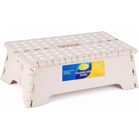 5" Folding Step Stool for Adults and 15-Inch Extra Wide Stool Holds Up to 300 lbs,Non-Slip Folding Stools with Handle,Compact Plastic Foldable Step Stool for Bathroom,Kitchen,ect, Khaki