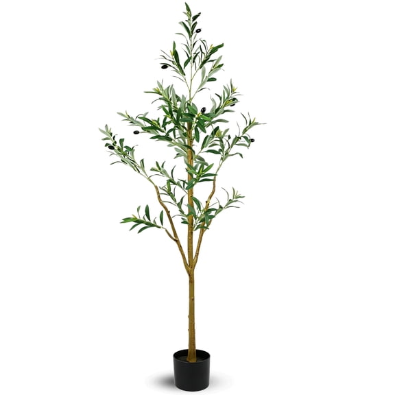 5 Foot Artificial Olive Tree Natural Wood Trunk Realistic Silk Leaves and Fruits Faux Plant for Home Office Living Room Decor