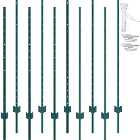 5 Foot Fence Post 10 Pack U-Channel Sturdy Steel Metal Stake for Garden Lawn Farm and Outdoor Wire Fencing Green