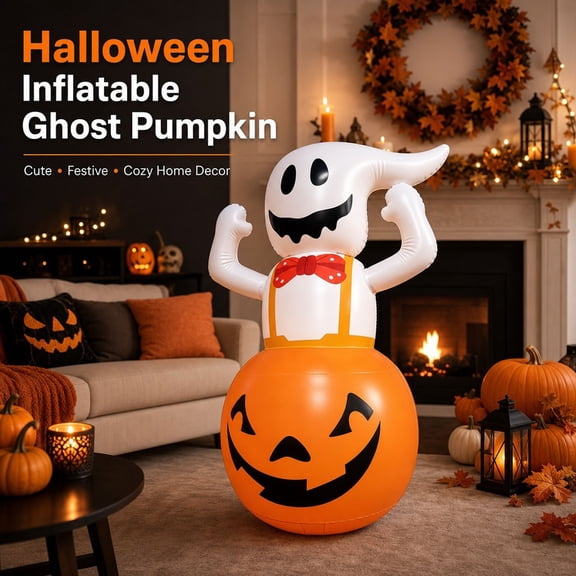 5-Foot Inflatable Halloween Pumpkin Ghost, Glowing Outdoor Air Model for Yard & Garden Party Decor, Weather-Resistant Durable PVC Prop