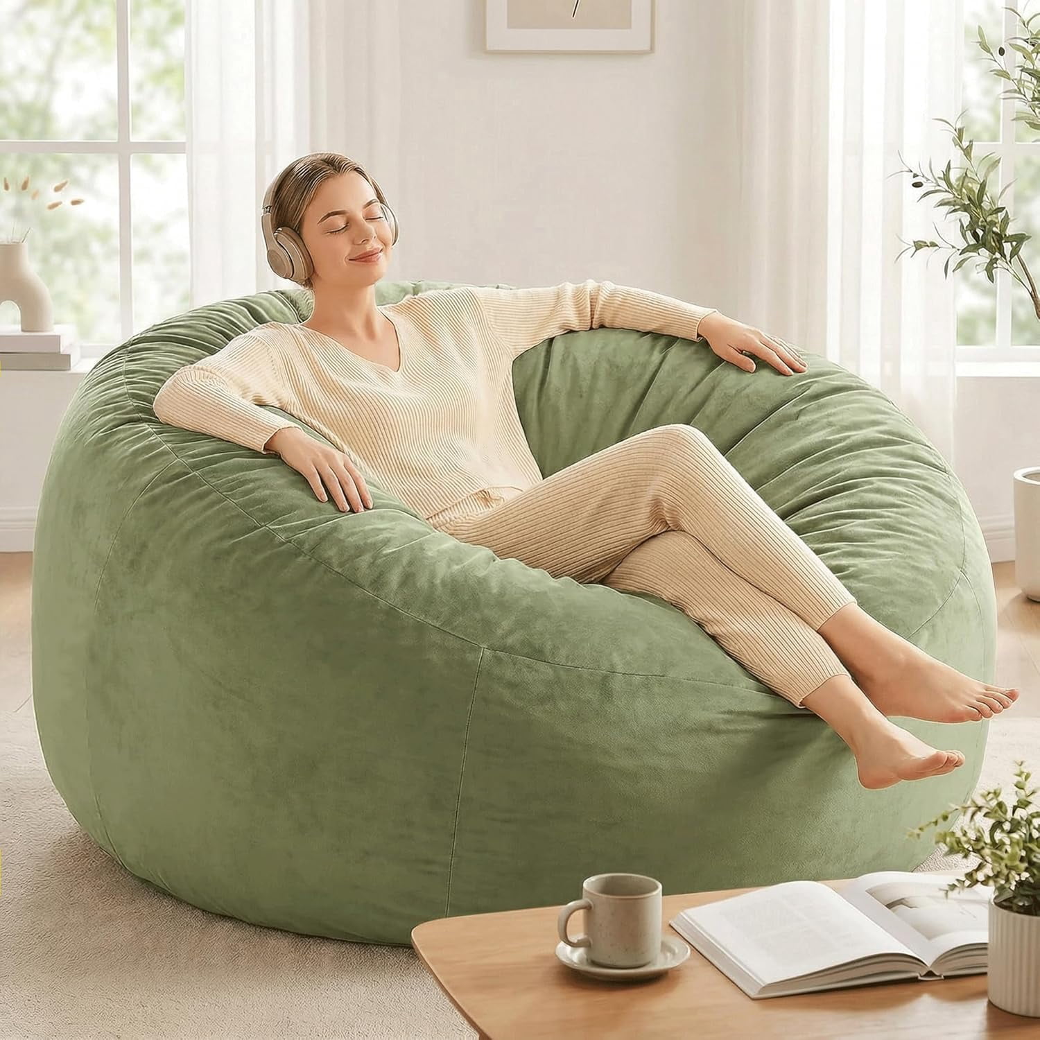 5-Foot Oversized Sage Bean Bag Chair for Adults with Premium Shredded Foam Filler, Machine Washable Cover
