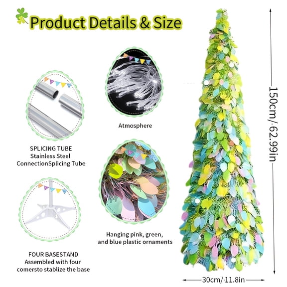 5-Foot Pop-up Easter Tree With Lights, Foldable Artificial Easter Tree Decoration for Easter Party Fireplace Home Decoration (Easter Egg Style)