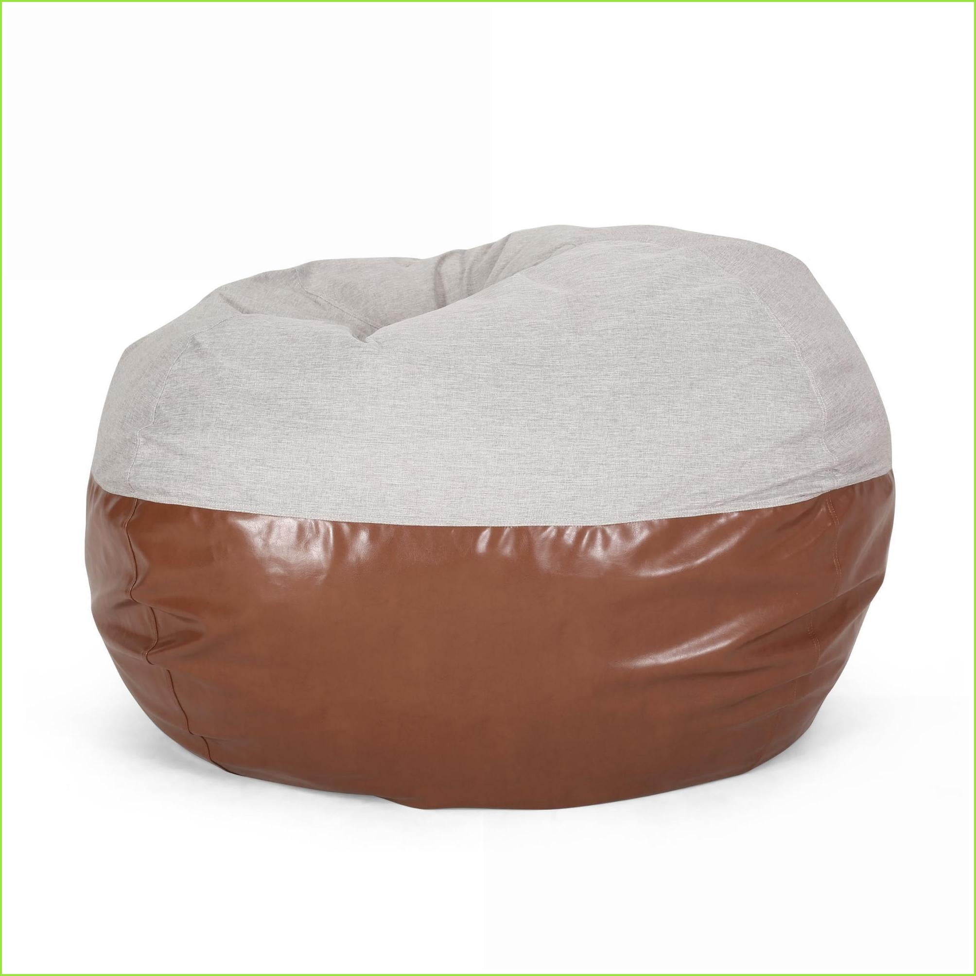 5 Foot Bean Bag Chair for Adults – Fabric & Faux Leather Lazy Sofa | Light Grey+Brown | Round