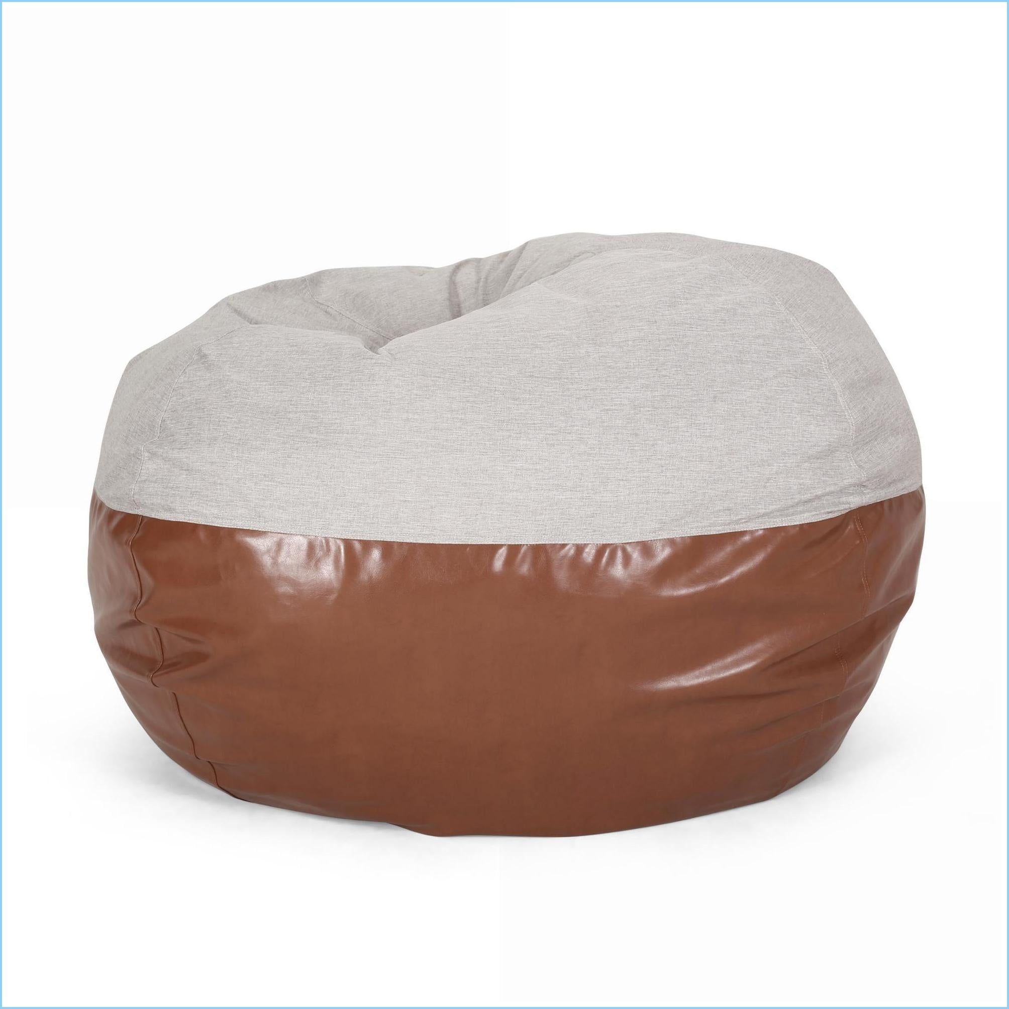 5-Foot Round Bean Bag Chair for Adults – Light Grey Fabric & Coffee Brown Faux Leather | Round | Light Grey+Brown