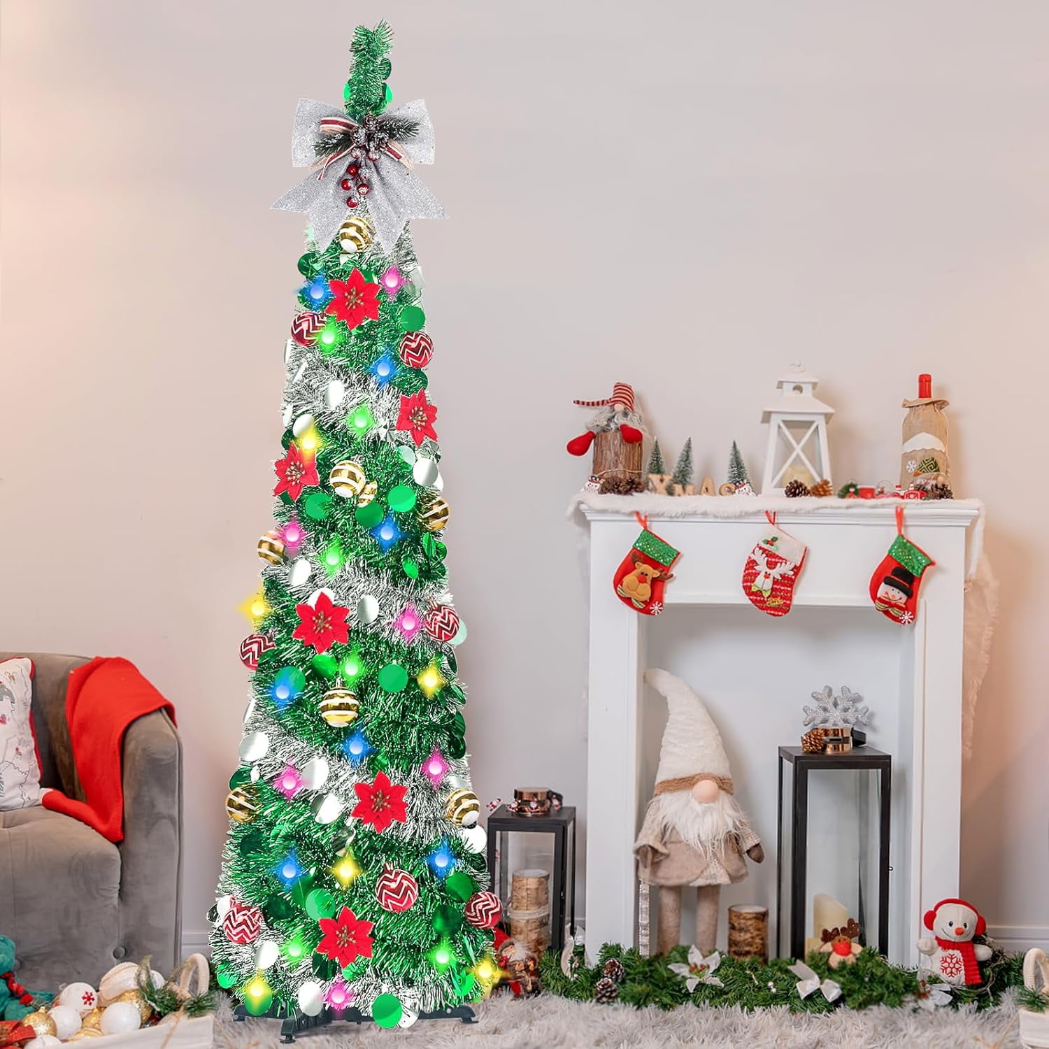 5-Foot Sparkling Tinsel Christmas Tree with 30 LED Lights, Ornaments ...