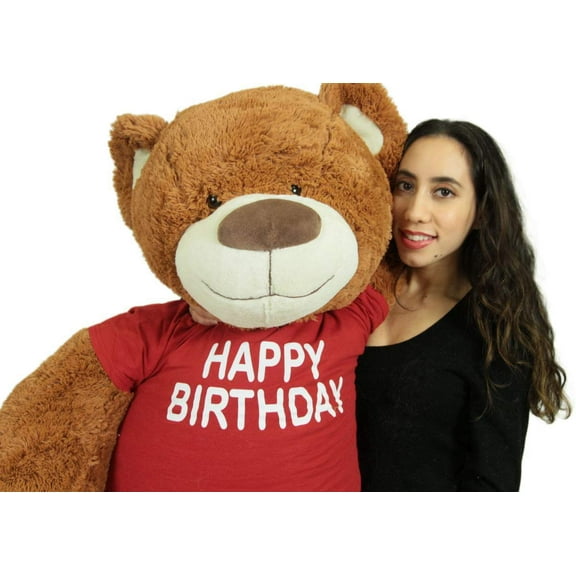 5 Foot Teddy Bear Wears Removable Happy Birthday Tshirt, Soft Cookie Dough Brown Color