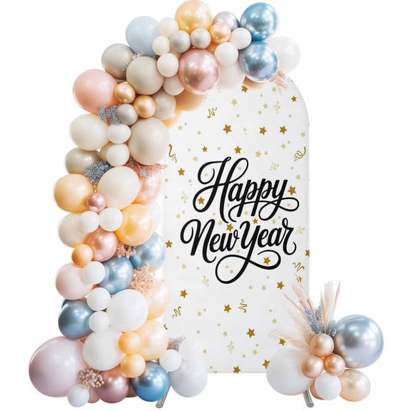 5 Ft Arch Backdrop Cover, Happy New Years Decorative Wedding Arch Covers Spandex Fitted, Winter Holiday Yellow Stars Ribbons Backdrop Arches Covers for Party Banquet Baby Shower