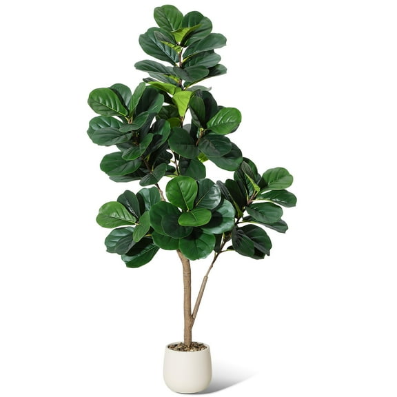 5 Ft Artificial Fiddle Leaf Fig Tree in White Pot, Realistic 77-Leaves Faux Ficus Lyrata with Weighted Planter, Fake Floor Plants for Indoor Home, Office Decor, Housewarming Gift
