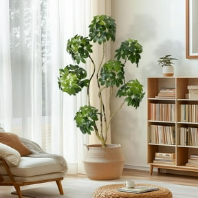 5 Ft Artificial Umbrella Schefflera Tree Faux Plant In White Planter for Home Office Porch Decor