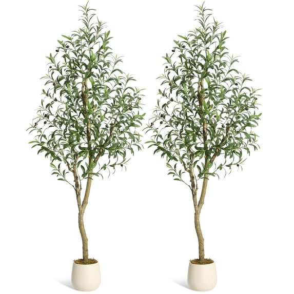 5 Ft Faux Olive Tree, Realistic Tall Olive Trees, with Natural Wood Trunk, White Planter, Faux Tree for Home Office Living Room Stairs Decor