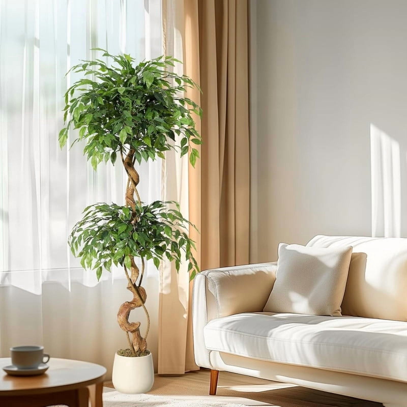 5 Ft Ficus Artificial Tree with Curved Trunk, Faux Plant Fake Silk Trees with White Pot for Home Office Decor Indoor Outdoor