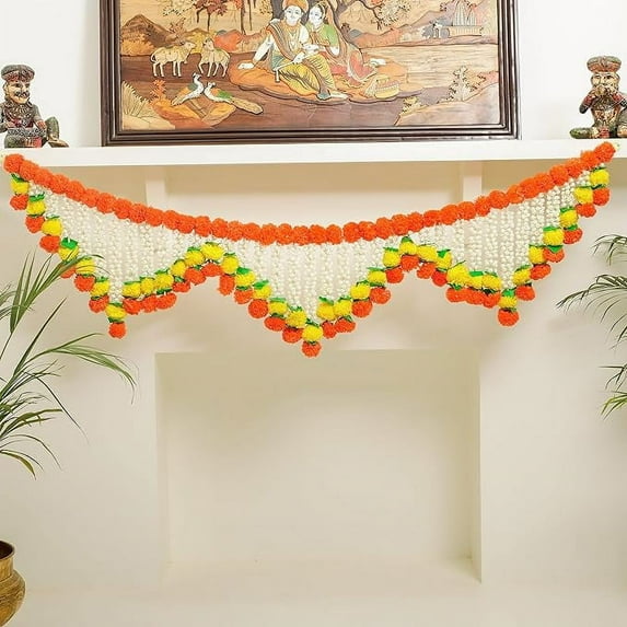 5 Ft Marigold Jasmine Toran | Marigold Decorations for Pooja & Bandhanwar Diwali | Decorations for Door Mantle | Toran Door Hanging | Indian Thoranam Decorations (Pack of 1)
