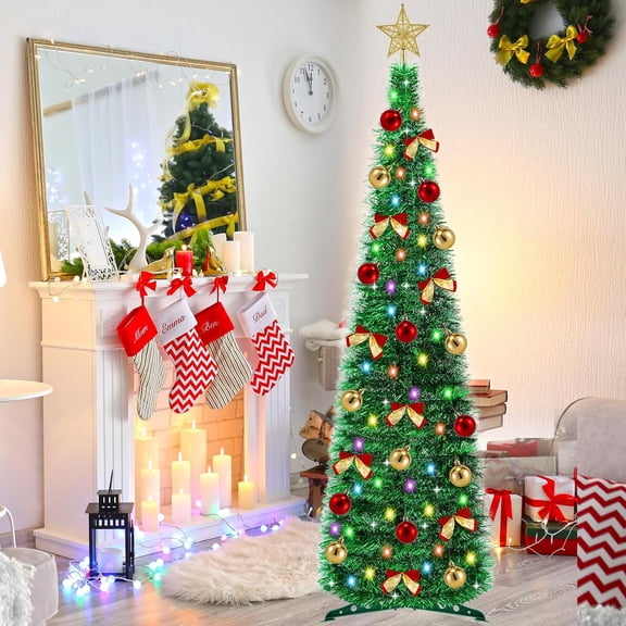 5 Ft Pop Up Pencil Christmas Tree with Timer 60 Warm White & Multicolor Change Lights, Pop Up Tinsel Christmas Tree with 16 Ball Ornaments 8 Bows 1 Minute Xmas Tree Home Indoor Christmas Decorations