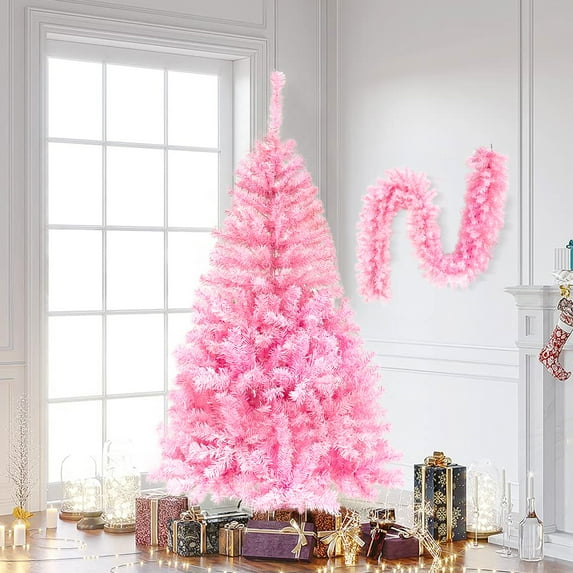 5 Ft Pre-lit Christmas Tree with 6 ft Garland and 250 LED Lights, Artificial Hinged Fir Tree Xmas Tree with Metal Foldable Stand for Home Office Party Festival Decoration, Pink