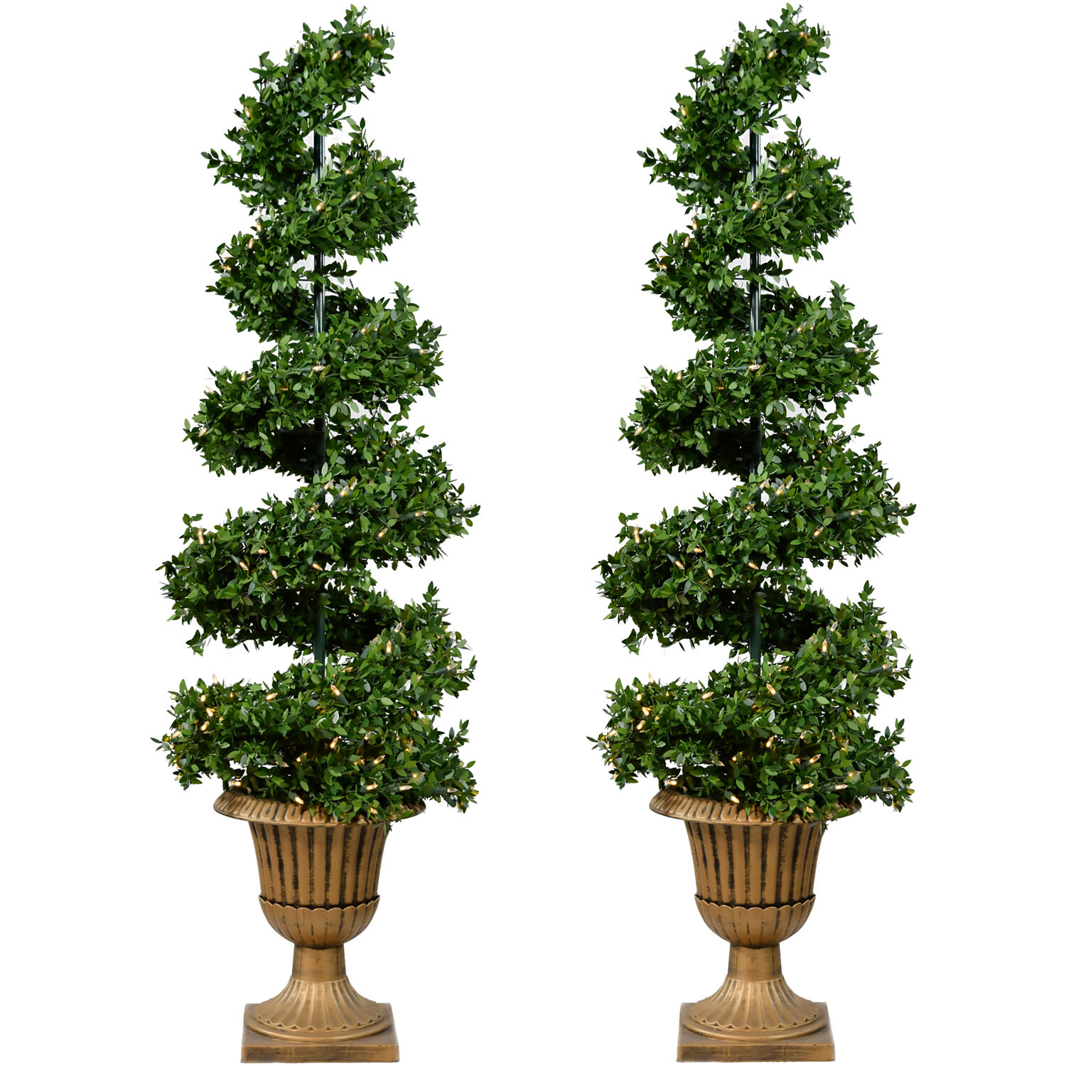 5-Ft Set of 2 Boxwood Spiral Porch Accent Trees in Gold Urn Pot with Warm White LED Lighting - image 1 of 5