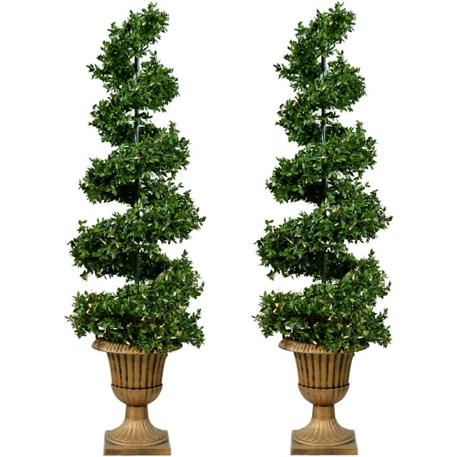 5-Ft Set of 2 Boxwood Spiral Porch Accent Trees in Gold Urn Pot with Warm White LED Lighting