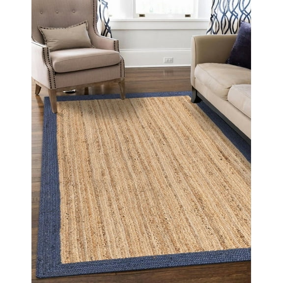 5 Ft Square Navy Blue & Natural Jute Area Rug | Handmade | Solid Farmhouse Design | Natural Jute Rug for Living Room | Dining Room | Bedroom | Kitchen | Hallway | Entryway