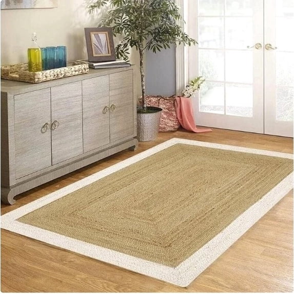 5 Ft Square White & Natural Jute Area Rug, Hand-Woven, Reversible, Farmhouse Boho Style, Durable & Pet-Friendly Rug for Living Room, Dining Room, and Bedroom